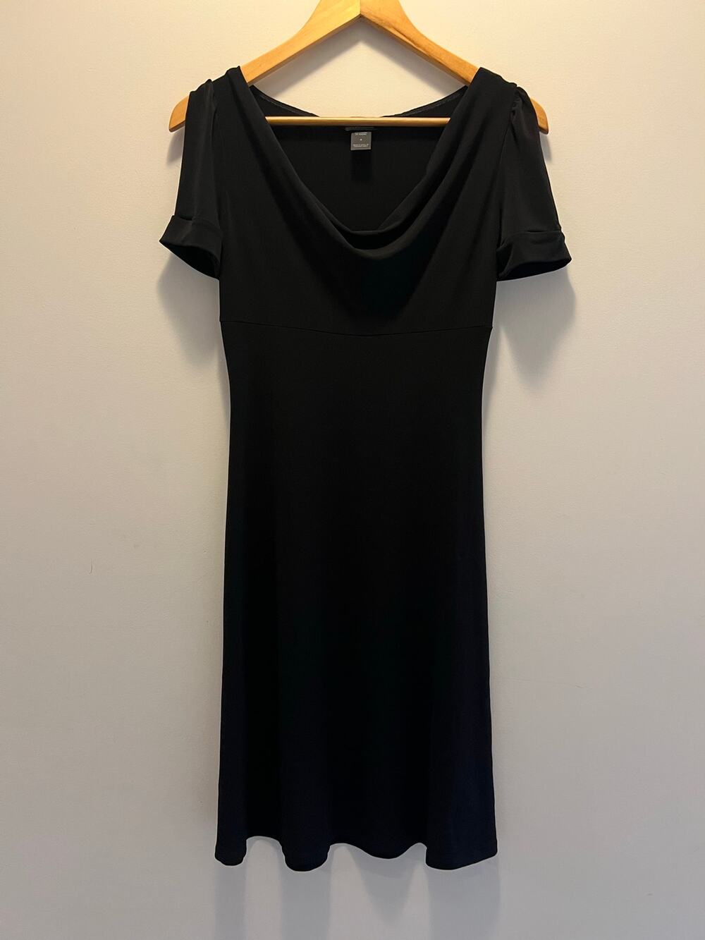 MODA Short Sleeve Cowl Neck Midi Dress Black Jersey Size Small JL